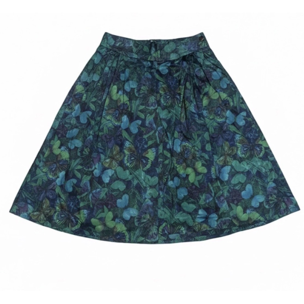 Chindamanee Thai Silk Butterfly Print Midi Skirt Green Blue Vintage Size S